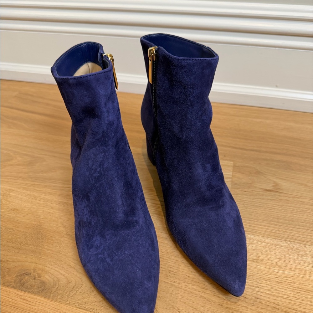 L'AGENCE Navy Suede Pointed Toe Ankle Boots